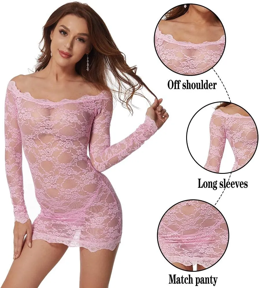 LINGERLOVE Plus Size Women's Sexy Babydoll Dress Lingerie Floral Lace Off Shoulder Chemise Sleepwear