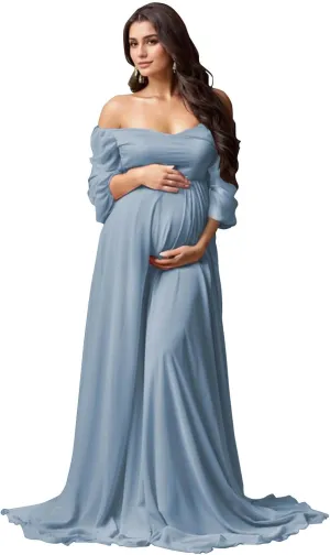 Long Sleeve Maternity Dress for Photoshoot Off Shoulder Chiffon Baby Shower Pregnancy Gown for Photography