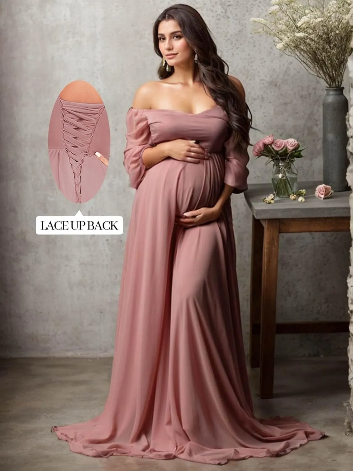 Long Sleeve Maternity Dress for Photoshoot Off Shoulder Chiffon Baby Shower Pregnancy Gown for Photography