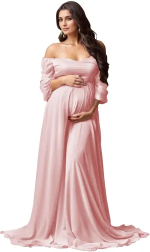 Long Sleeve Maternity Dress for Photoshoot Off Shoulder Chiffon Baby Shower Pregnancy Gown for Photography