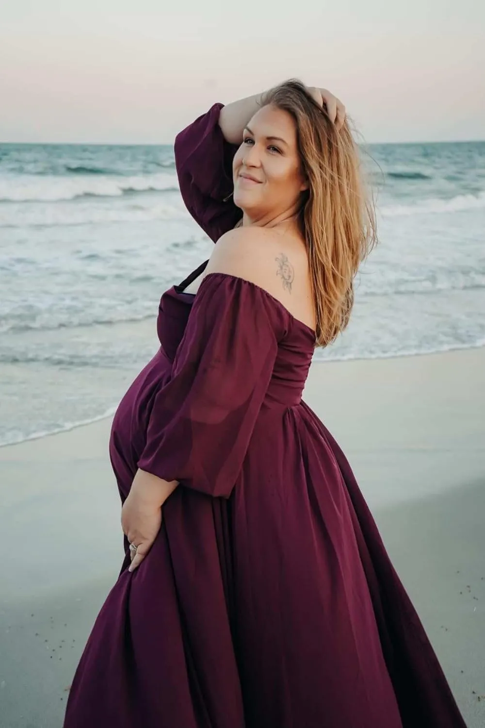 Long Sleeve Maternity Dress for Photoshoot Off Shoulder Chiffon Baby Shower Pregnancy Gown for Photography
