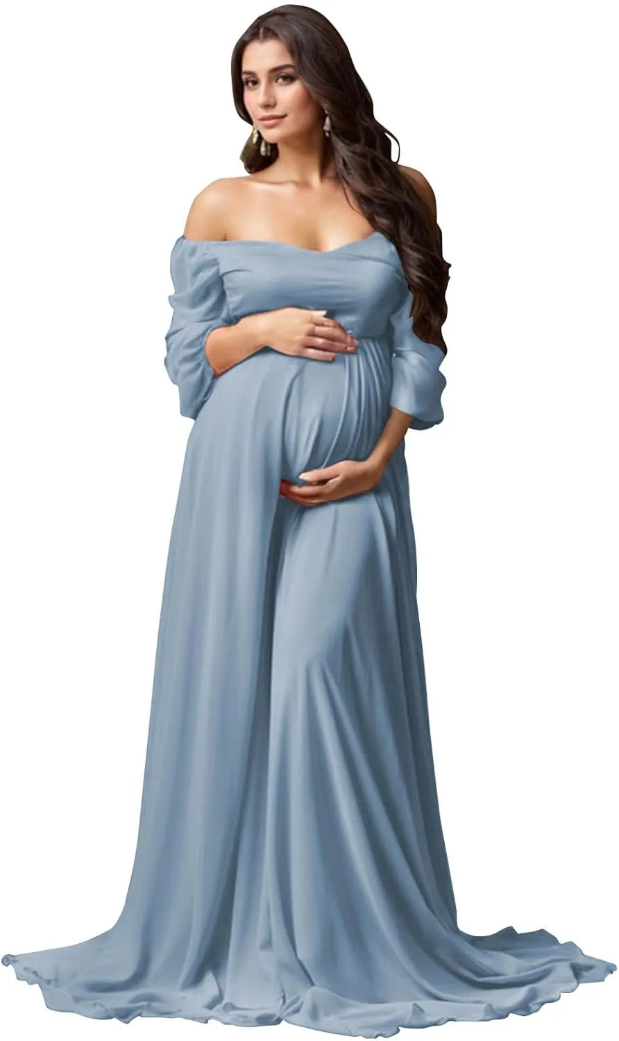 Long Sleeve Maternity Dress for Photoshoot Off Shoulder Chiffon Baby Shower Pregnancy Gown for Photography