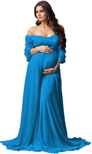 Long Sleeve Maternity Dress for Photoshoot Off Shoulder Chiffon Baby Shower Pregnancy Gown for Photography
