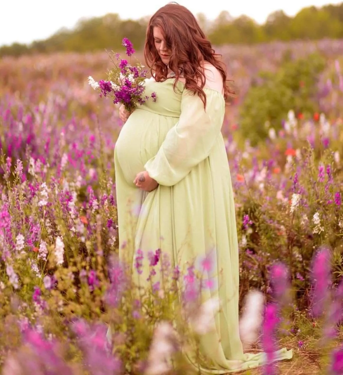 Long Sleeve Maternity Dress for Photoshoot Off Shoulder Chiffon Baby Shower Pregnancy Gown for Photography