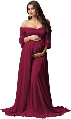 Long Sleeve Maternity Dress for Photoshoot Off Shoulder Chiffon Baby Shower Pregnancy Gown for Photography
