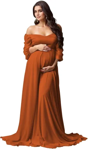Long Sleeve Maternity Dress for Photoshoot Off Shoulder Chiffon Baby Shower Pregnancy Gown for Photography