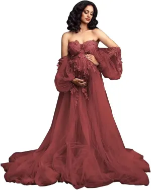 Long Sleeve Maternity Dress Off Should Tulle Baby Shower Dress Laces Appliques Pregnancy Gown