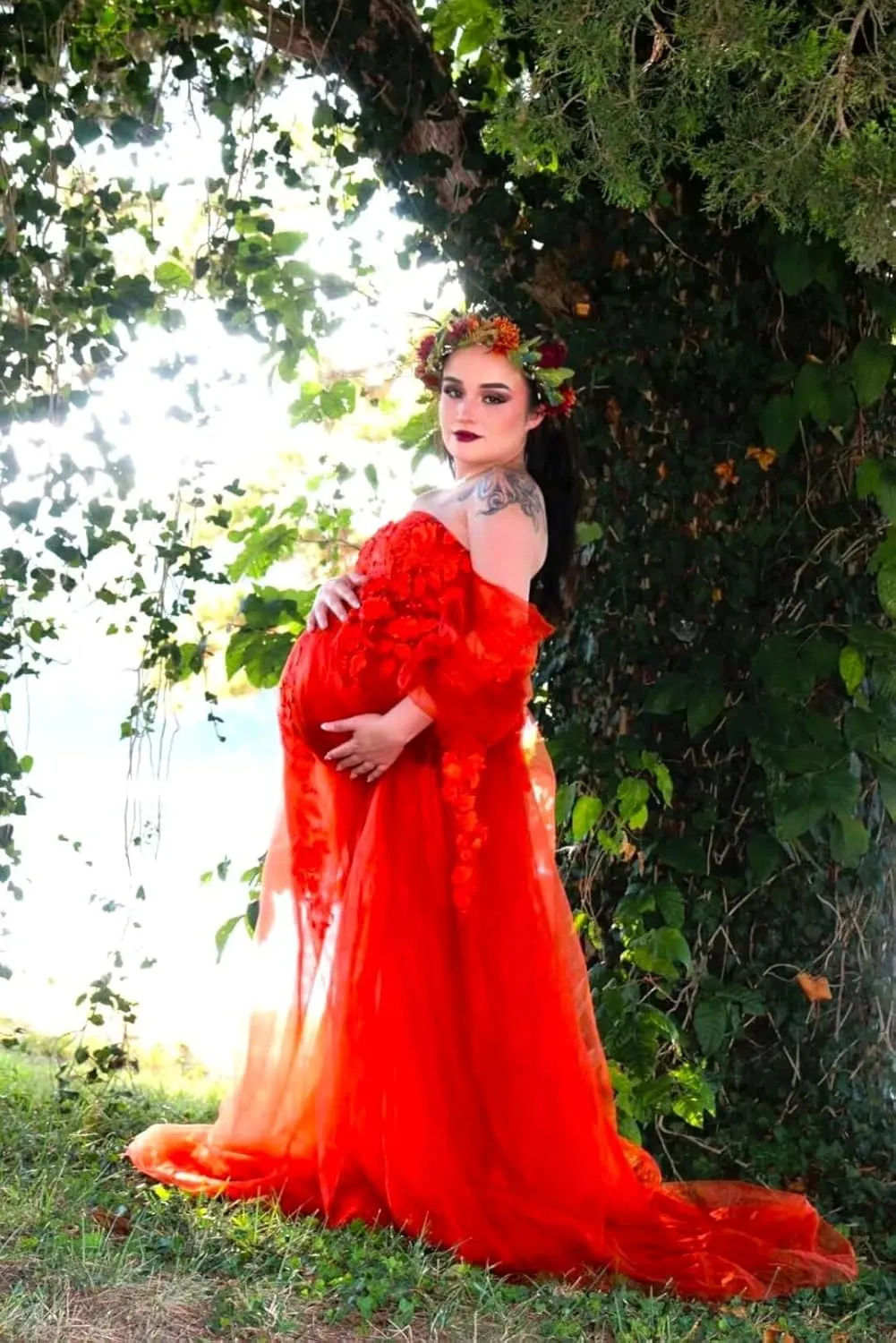 Long Sleeve Maternity Dress Off Should Tulle Baby Shower Dress Laces Appliques Pregnancy Gown