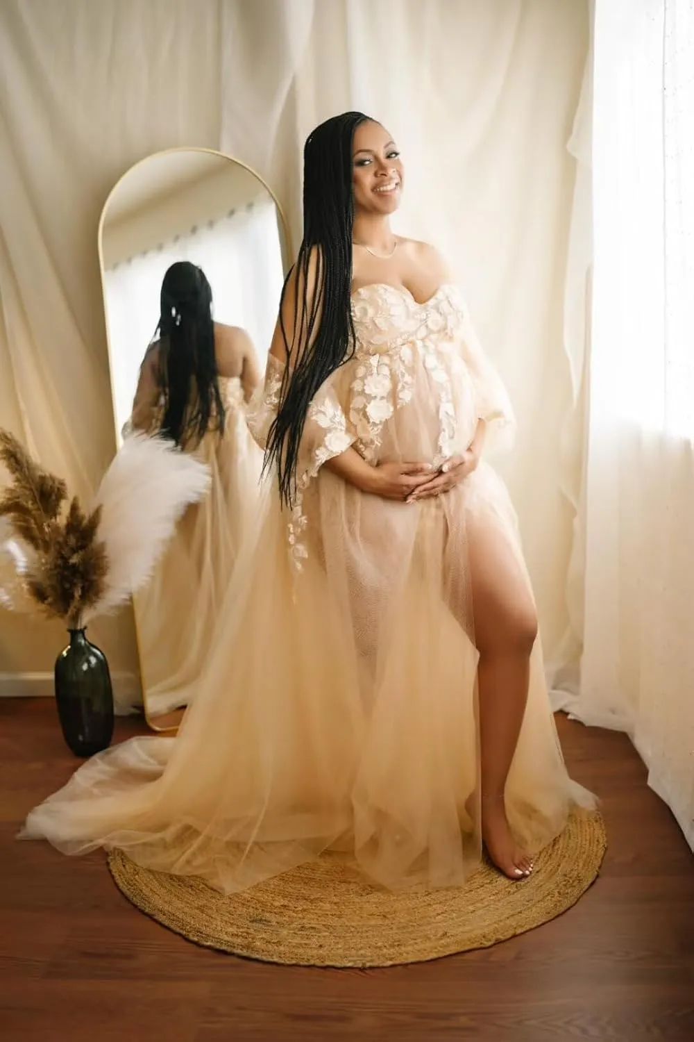 Long Sleeve Maternity Dress Off Should Tulle Baby Shower Dress Laces Appliques Pregnancy Gown
