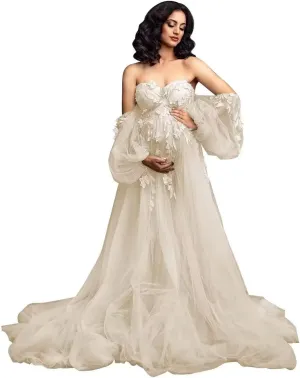 Long Sleeve Maternity Dress Off Should Tulle Baby Shower Dress Laces Appliques Pregnancy Gown