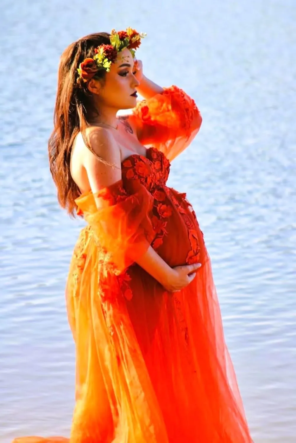 Long Sleeve Maternity Dress Off Should Tulle Baby Shower Dress Laces Appliques Pregnancy Gown
