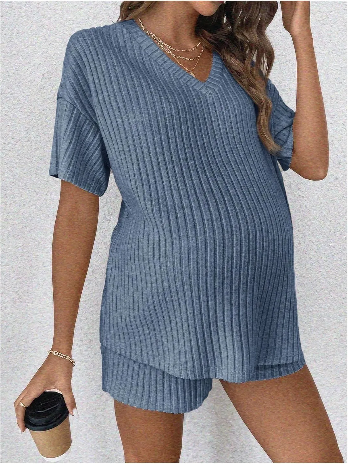 MakeMeChic Women's Maternity Pajamas Lounge Sets 2 Piece Outfits Short Sleeve Rib Knit Tops and Shorts Sets Pregnancy Clothes