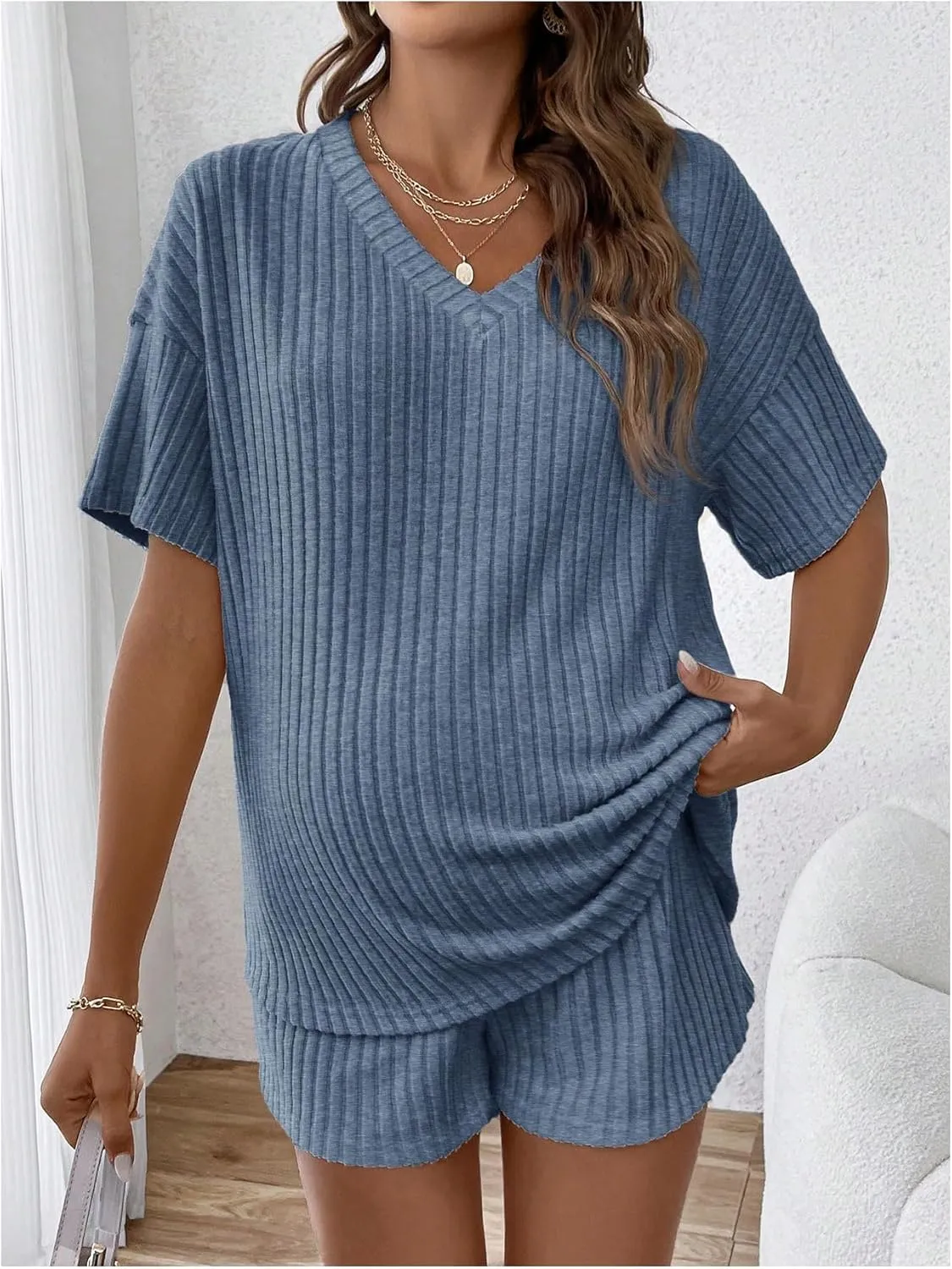 MakeMeChic Women's Maternity Pajamas Lounge Sets 2 Piece Outfits Short Sleeve Rib Knit Tops and Shorts Sets Pregnancy Clothes