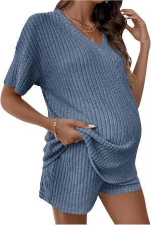 MakeMeChic Women's Maternity Pajamas Lounge Sets 2 Piece Outfits Short Sleeve Rib Knit Tops and Shorts Sets Pregnancy Clothes