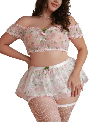 MakeMeChic Women's Plus Size 5 Piece Lingerie Set Cherry Off Shoulder Mesh Top Thongs and Skirt Sets