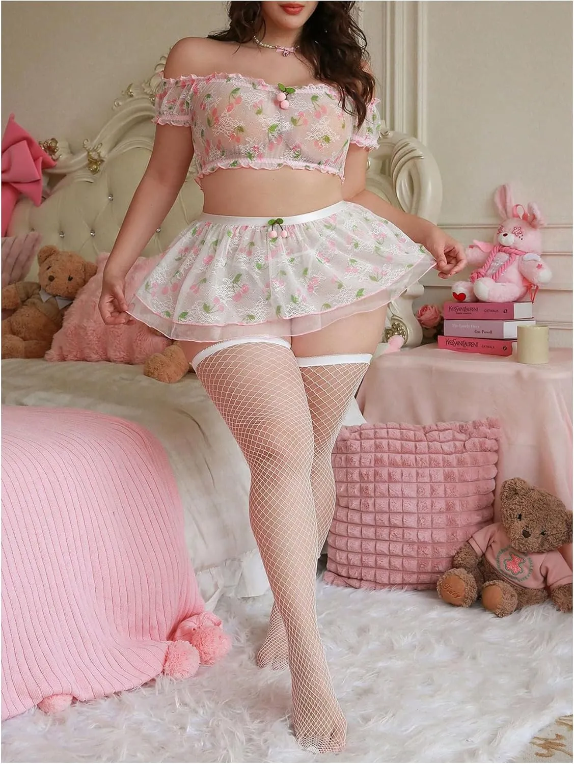 MakeMeChic Women's Plus Size 5 Piece Lingerie Set Cherry Off Shoulder Mesh Top Thongs and Skirt Sets
