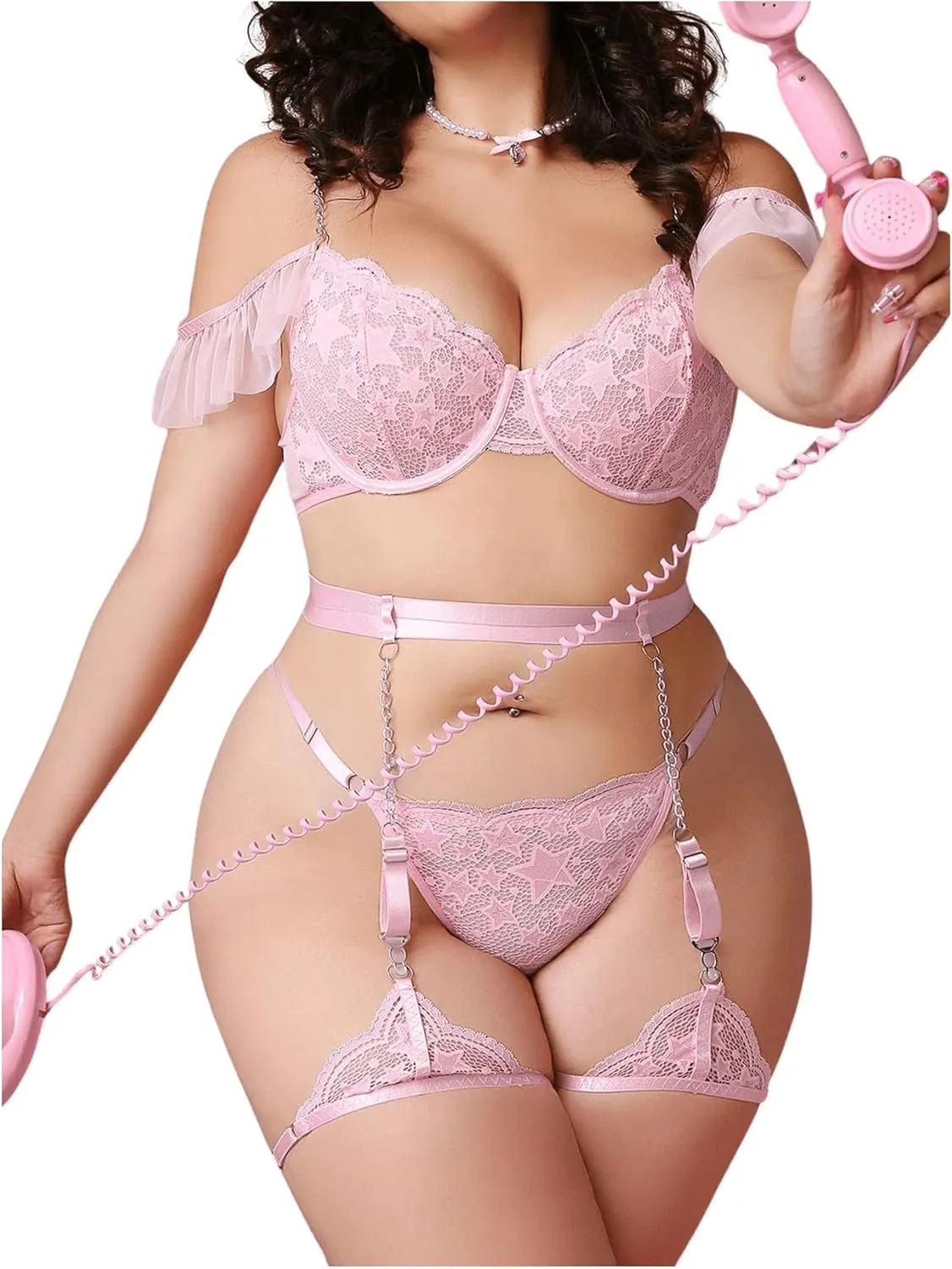 MakeMeChic Women's Plus Size 5 Piece Lingerie Set Lace Ruffle Underwire Bra and Panty Set with Garter Belt