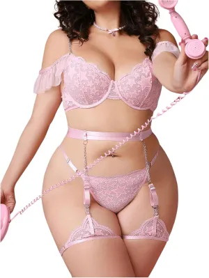 MakeMeChic Women's Plus Size 5 Piece Lingerie Set Lace Ruffle Underwire Bra and Panty Set with Garter Belt