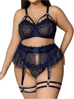 MakeMeChic Women's Plus Size Lingerie Sets Floral Lace Bra and Thongs Set with Skirt and Garter Belt
