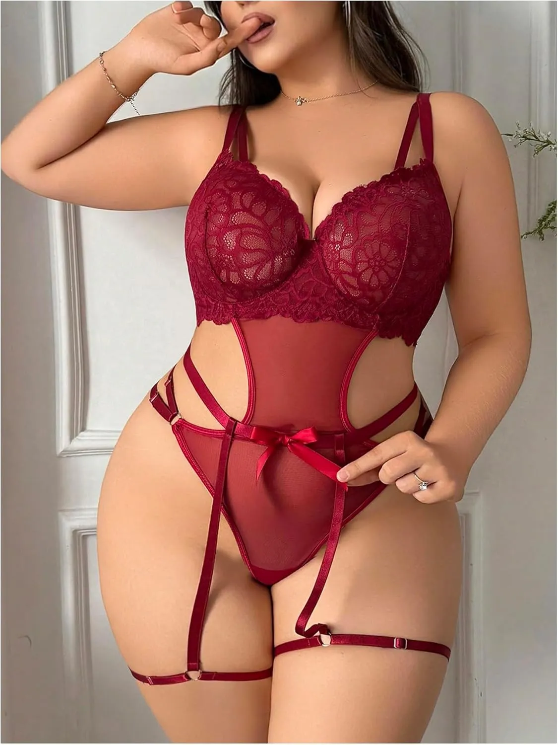 MakeMeChic Women's Plus Size Two Piece Lingerie Set Floral Lace Strappy Underwire Teddy Bodysuit with Garter Belt