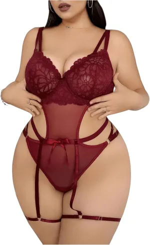 MakeMeChic Women's Plus Size Two Piece Lingerie Set Floral Lace Strappy Underwire Teddy Bodysuit with Garter Belt