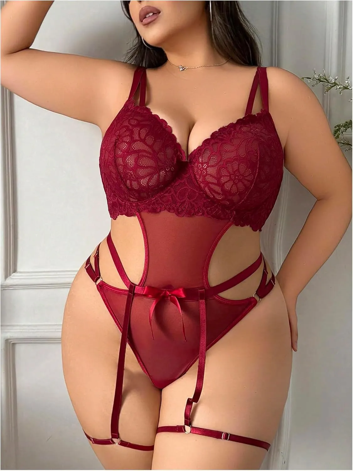 MakeMeChic Women's Plus Size Two Piece Lingerie Set Floral Lace Strappy Underwire Teddy Bodysuit with Garter Belt