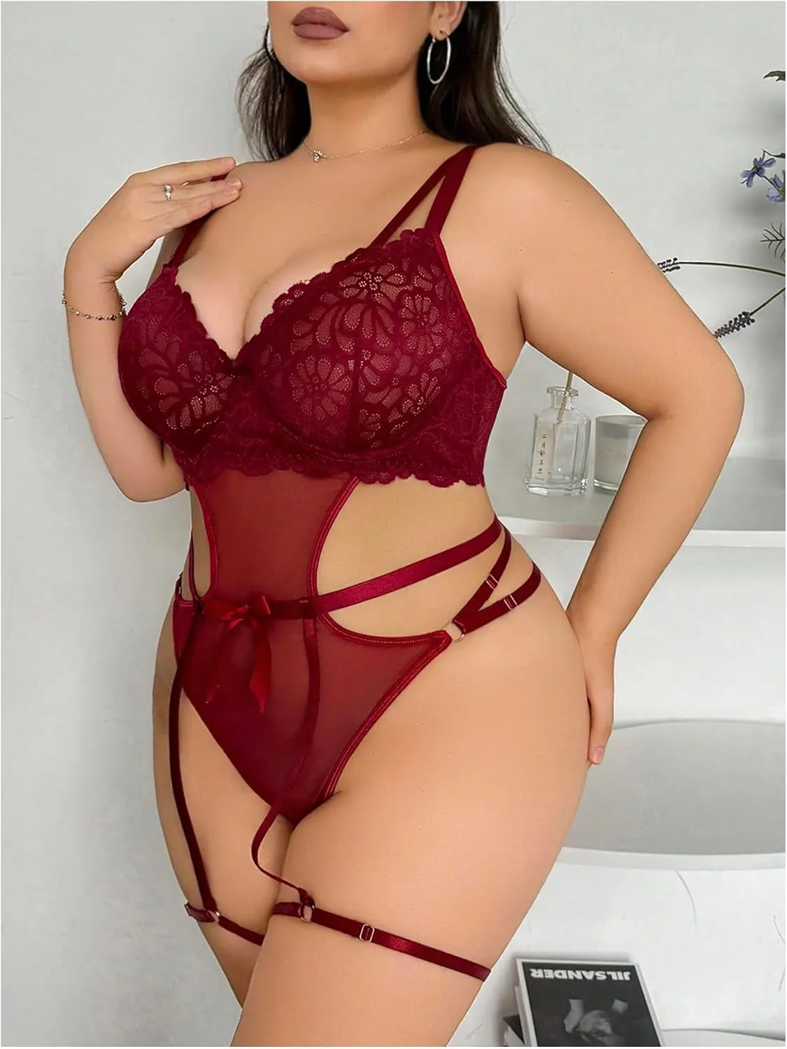 MakeMeChic Women's Plus Size Two Piece Lingerie Set Floral Lace Strappy Underwire Teddy Bodysuit with Garter Belt