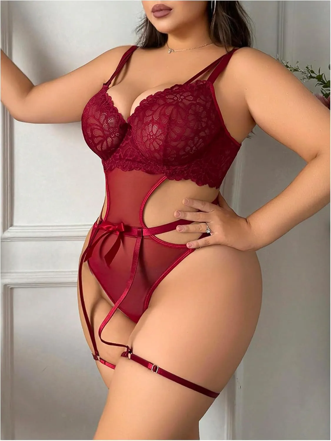 MakeMeChic Women's Plus Size Two Piece Lingerie Set Floral Lace Strappy Underwire Teddy Bodysuit with Garter Belt