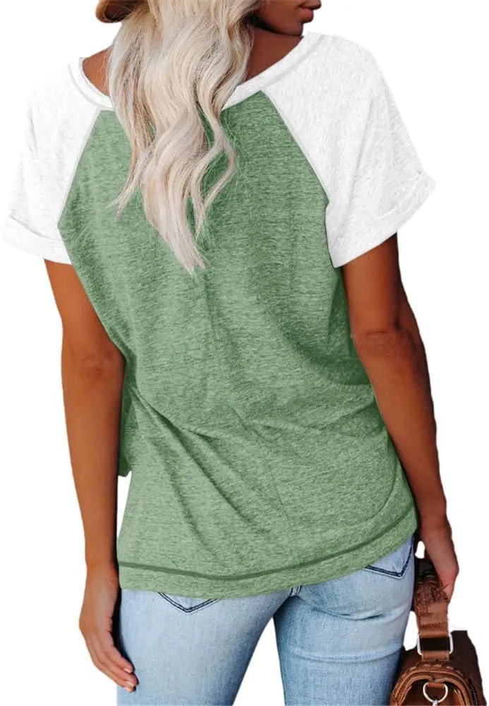 MaQiYa Womens V Neck Basic Tops Color Block Tunic T Shirts Summer Short Sleeve Casual Cotton Tees Shirts