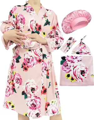 Maternity Robe with Matching Swaddle Soft Mommy Robe Receiving Blanket Set