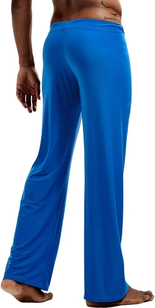 Men Soft Ice Silk Long Yoga Pants Sexy Low Rise Elastic Drawstring Sleep Bottoms