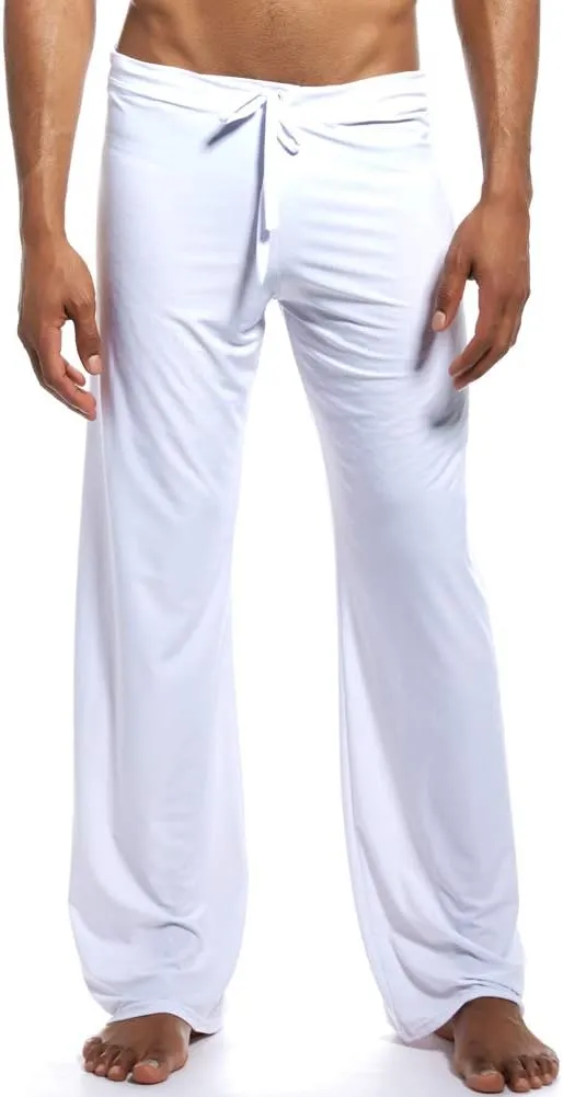 Men Soft Ice Silk Long Yoga Pants Sexy Low Rise Elastic Drawstring Sleep Bottoms