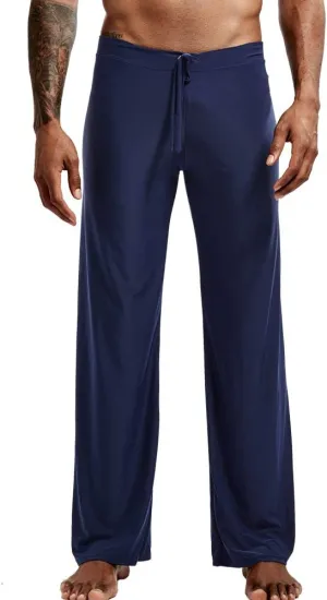 Men Soft Ice Silk Long Yoga Pants Sexy Low Rise Elastic Drawstring Sleep Bottoms
