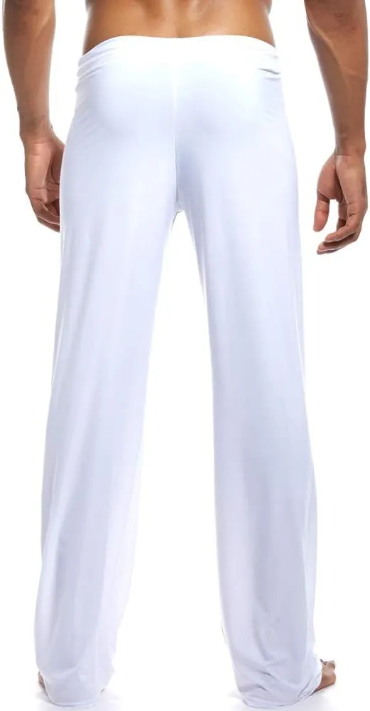 Men Soft Ice Silk Long Yoga Pants Sexy Low Rise Elastic Drawstring Sleep Bottoms