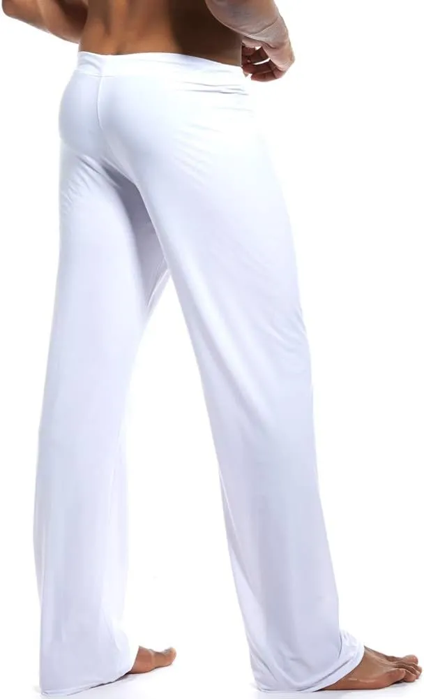 Men Soft Ice Silk Long Yoga Pants Sexy Low Rise Elastic Drawstring Sleep Bottoms