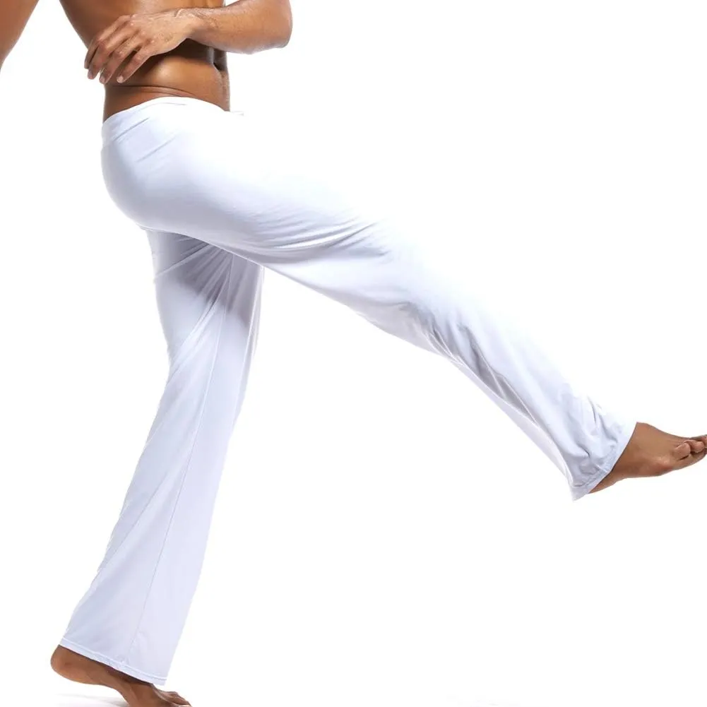 Men Soft Ice Silk Long Yoga Pants Sexy Low Rise Elastic Drawstring Sleep Bottoms