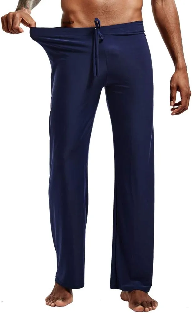 Men Soft Ice Silk Long Yoga Pants Sexy Low Rise Elastic Drawstring Sleep Bottoms