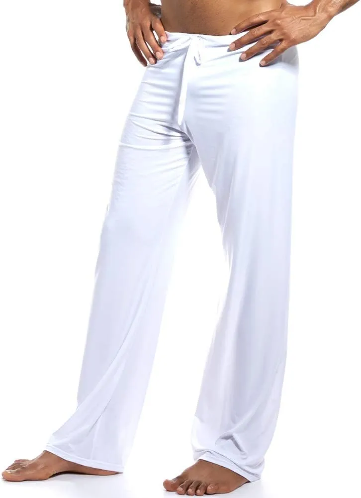 Men Soft Ice Silk Long Yoga Pants Sexy Low Rise Elastic Drawstring Sleep Bottoms