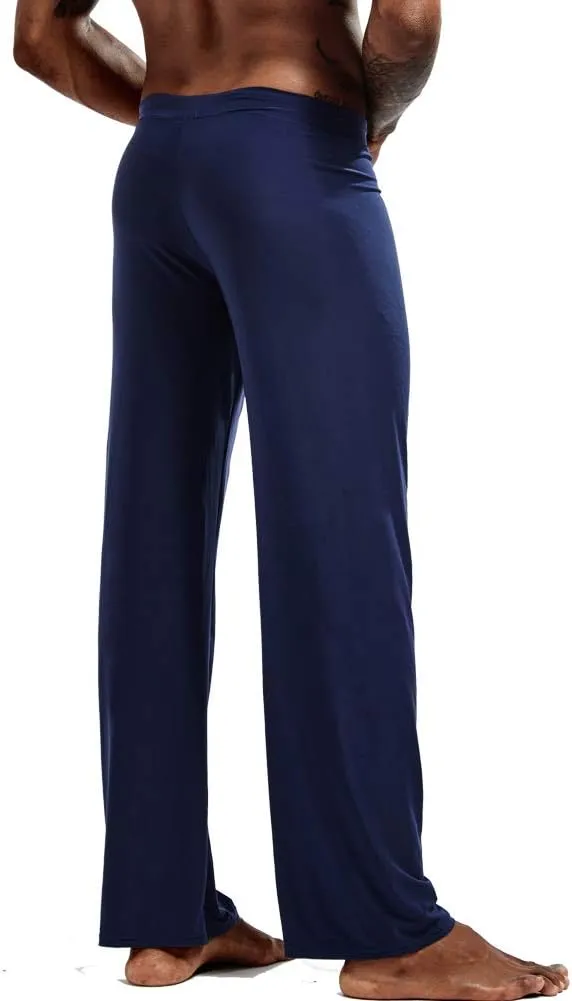 Men Soft Ice Silk Long Yoga Pants Sexy Low Rise Elastic Drawstring Sleep Bottoms