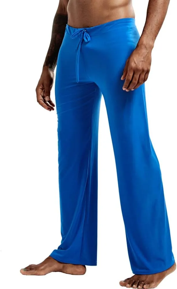 Men Soft Ice Silk Long Yoga Pants Sexy Low Rise Elastic Drawstring Sleep Bottoms