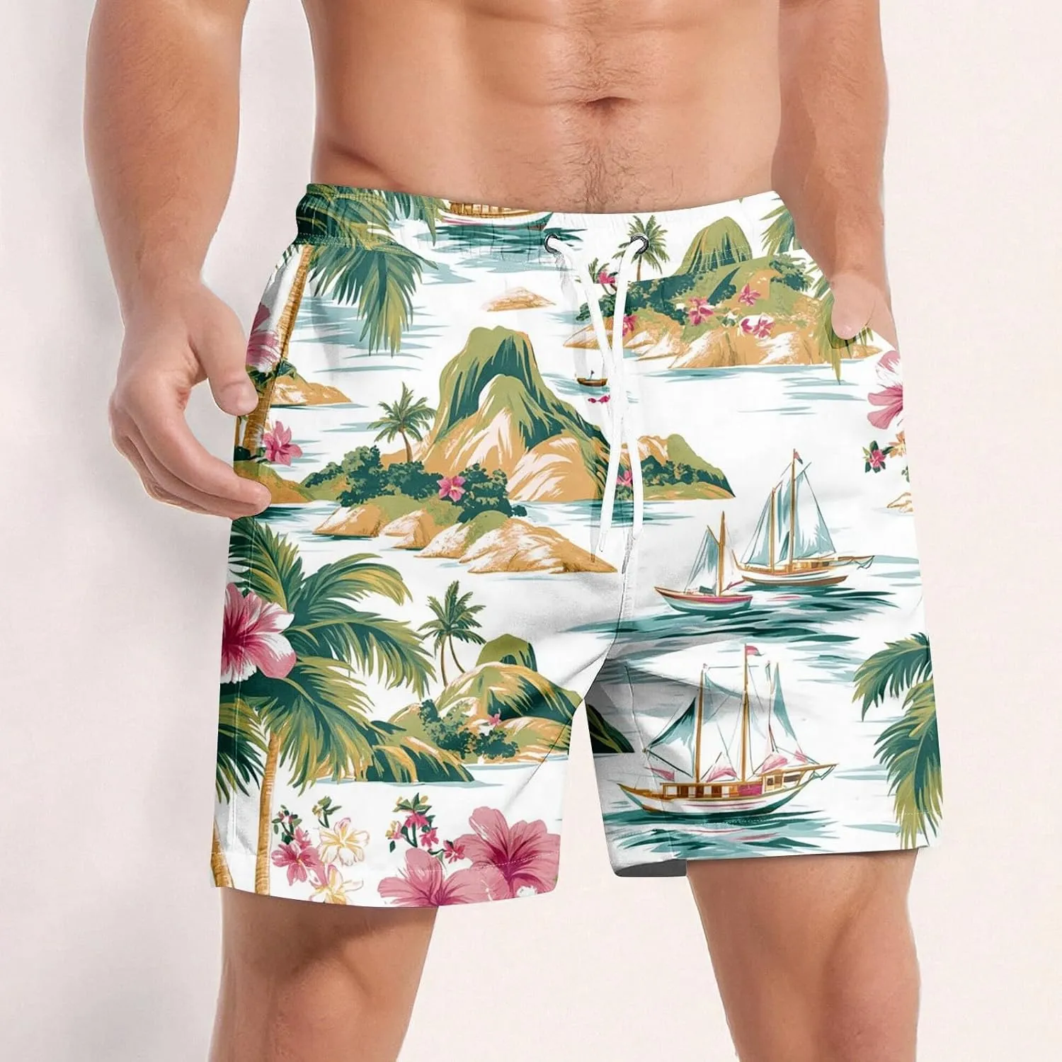 Men Swim Trunks Mens Shorts Baggy Swimwear Lightweight Casual Outdoor Dissolving Hawaiian Fishing Drawstring Graphic