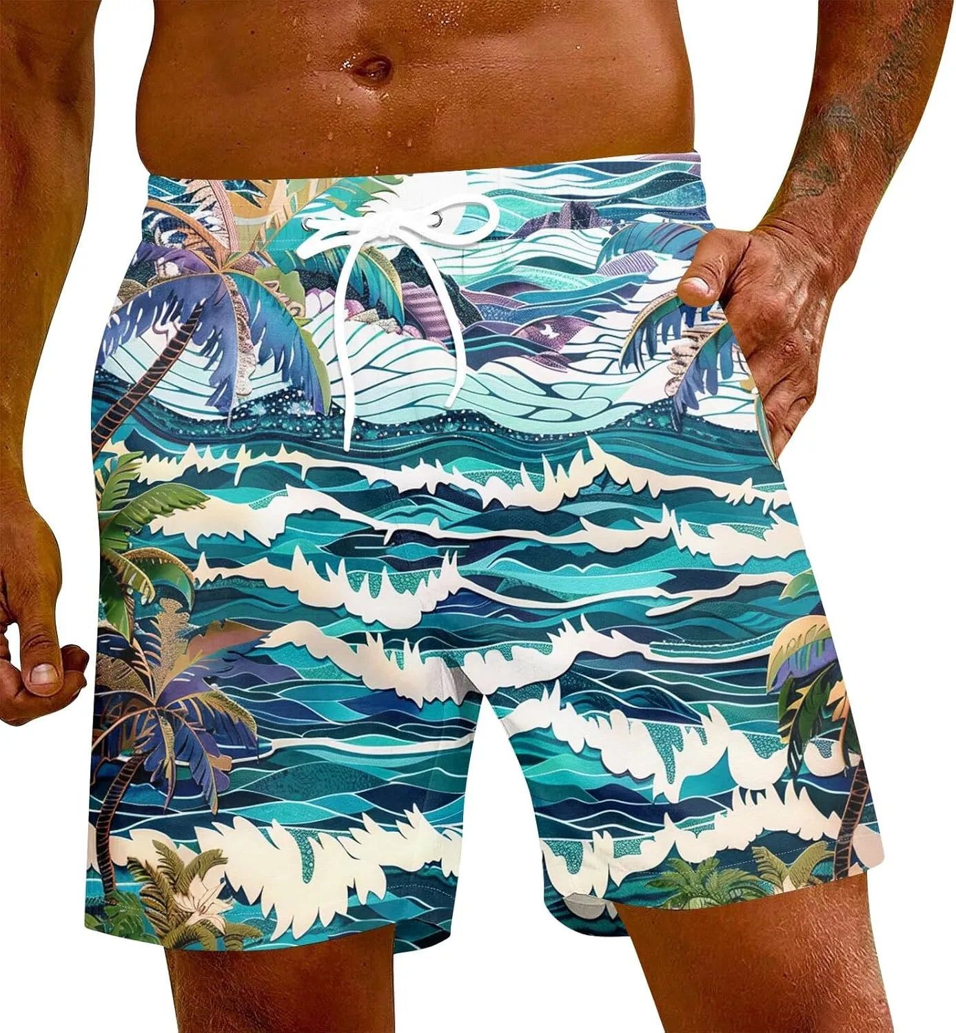 Men Swim Trunks Mens Shorts Baggy Swimwear Lightweight Casual Outdoor Dissolving Hawaiian Fishing Drawstring Graphic