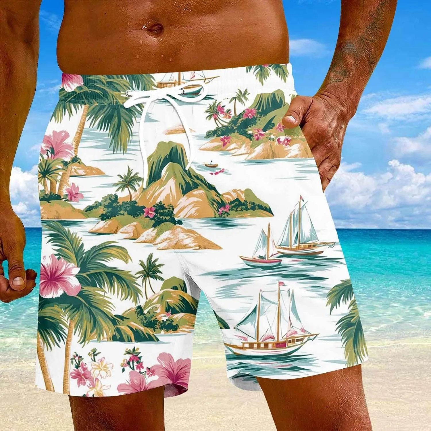 Men Swim Trunks Mens Shorts Baggy Swimwear Lightweight Casual Outdoor Dissolving Hawaiian Fishing Drawstring Graphic
