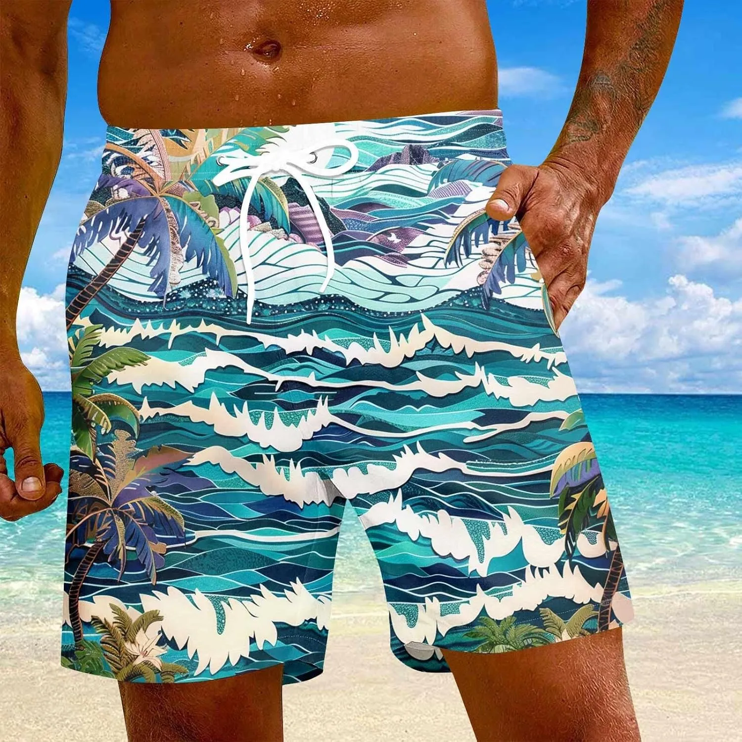 Men Swim Trunks Mens Shorts Baggy Swimwear Lightweight Casual Outdoor Dissolving Hawaiian Fishing Drawstring Graphic