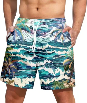 Men Swim Trunks Mens Shorts Baggy Swimwear Lightweight Casual Outdoor Dissolving Hawaiian Fishing Drawstring Graphic