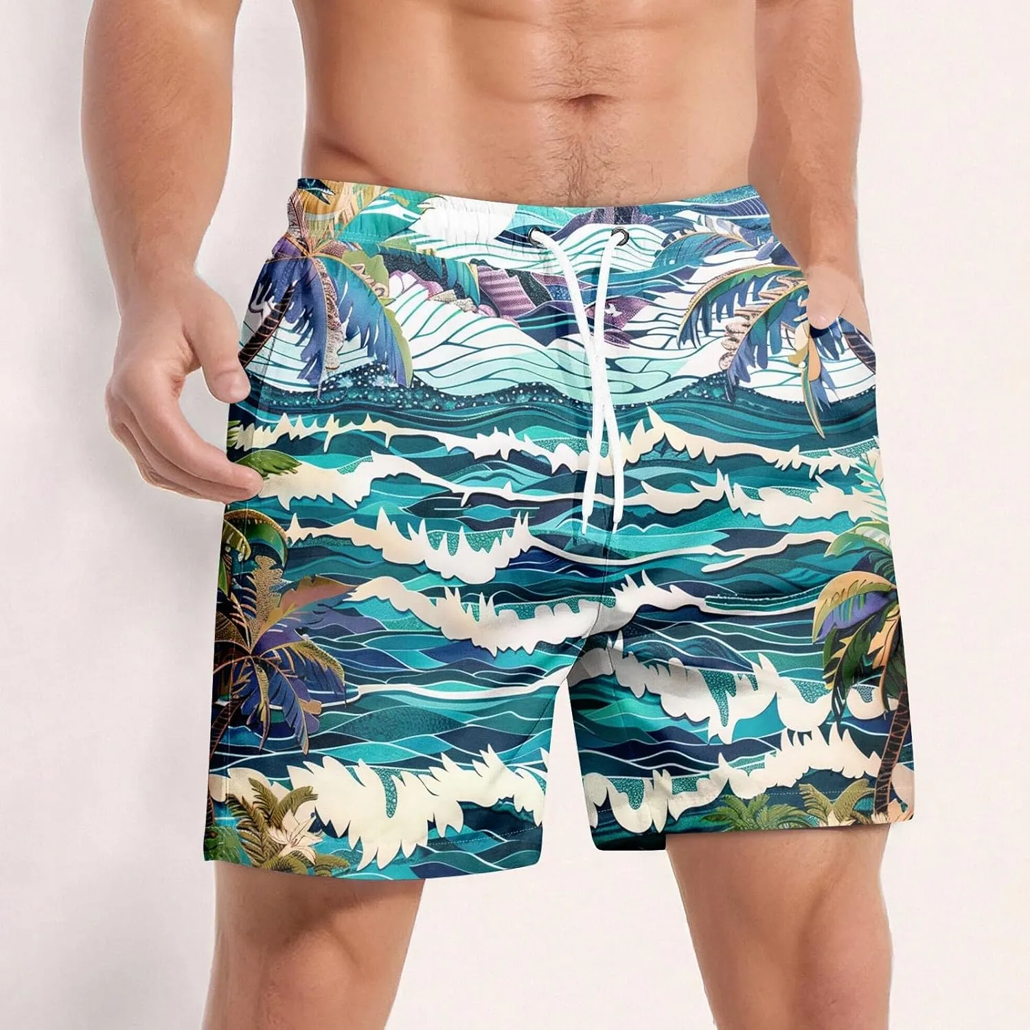 Men Swim Trunks Mens Shorts Baggy Swimwear Lightweight Casual Outdoor Dissolving Hawaiian Fishing Drawstring Graphic