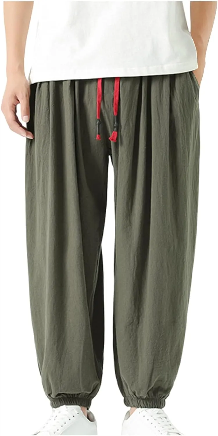 Mens Cotton Jogger Pants Loose Elastic Drawstring Waist Trousers Spring Summer Harem Pant Casual Going Out Clothing