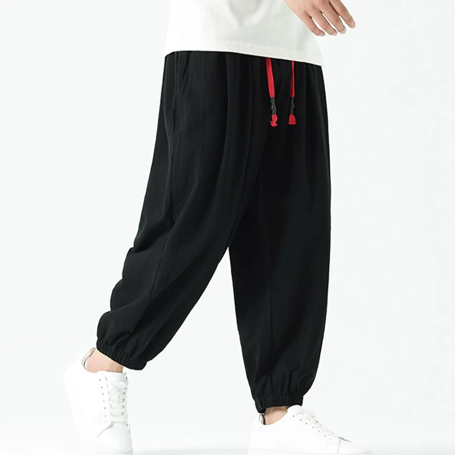 Mens Cotton Jogger Pants Loose Elastic Drawstring Waist Trousers Spring Summer Harem Pant Casual Going Out Clothing
