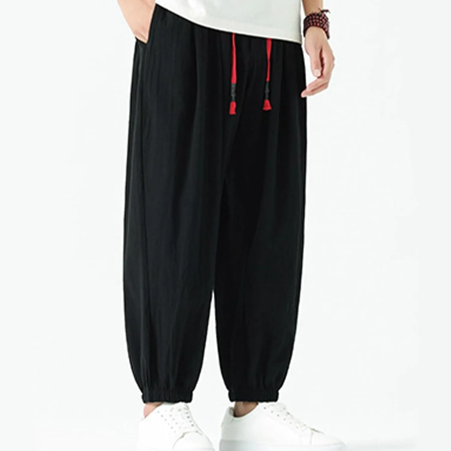 Mens Cotton Jogger Pants Loose Elastic Drawstring Waist Trousers Spring Summer Harem Pant Casual Going Out Clothing