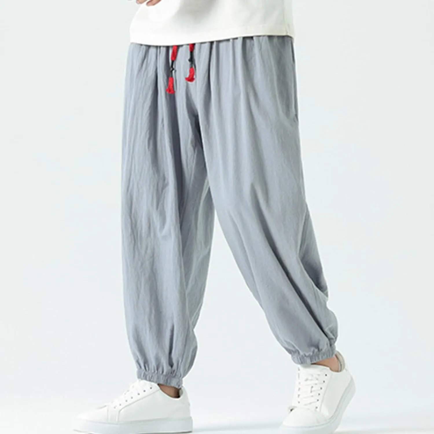 Mens Cotton Jogger Pants Loose Elastic Drawstring Waist Trousers Spring Summer Harem Pant Casual Going Out Clothing